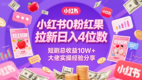 小红书0粉红果短剧拉新日入4位，数短剧总收益10W+大佬实操经验分享-知芽创业社