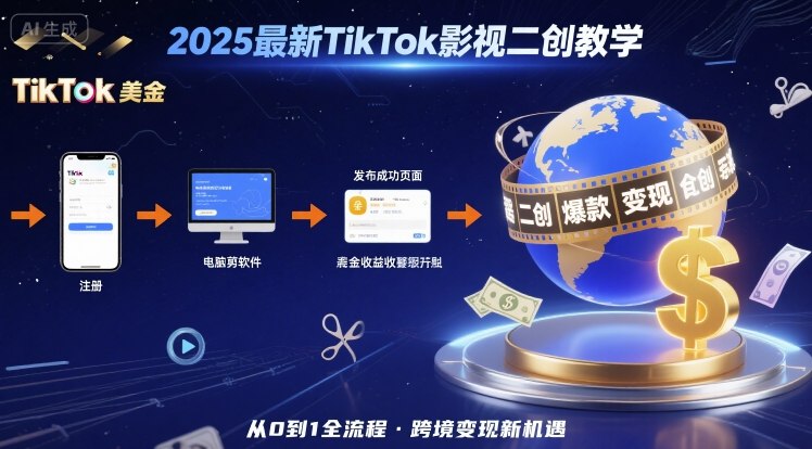 2025年最新TikTok影视二创教学，从注册到发布撸美金全流程，跨境变现新机遇-小艾项目网