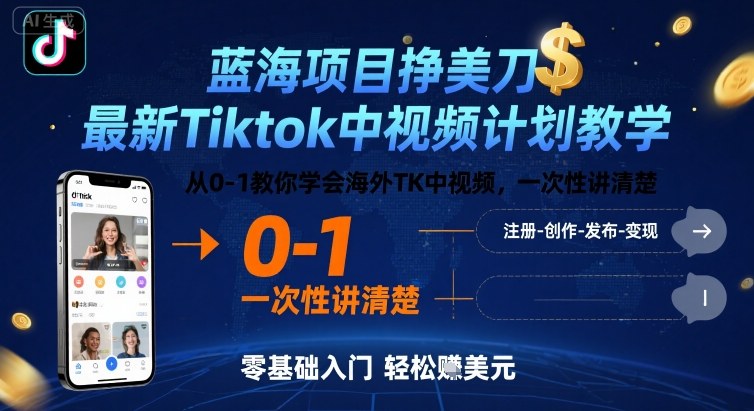 蓝海项目挣美刀，最新Tiktok中视频计划教学，从0-1教你学会海外TK中视频，一次性讲清楚-知芽创业社