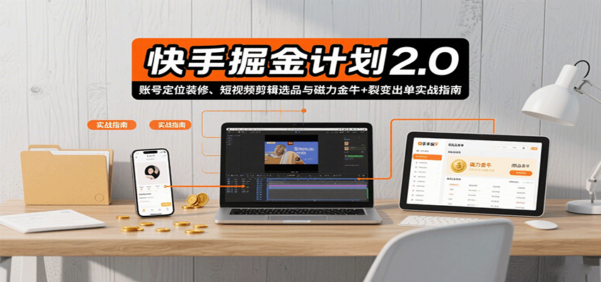 快手掘金计划2.0，账号定位装修、短视频剪辑选品与磁力金牛+裂变出单实战指南-知芽创业社