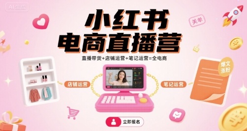 小红书电商直播营，直播带货+店铺运营+笔记运营=全电商-知芽创业社