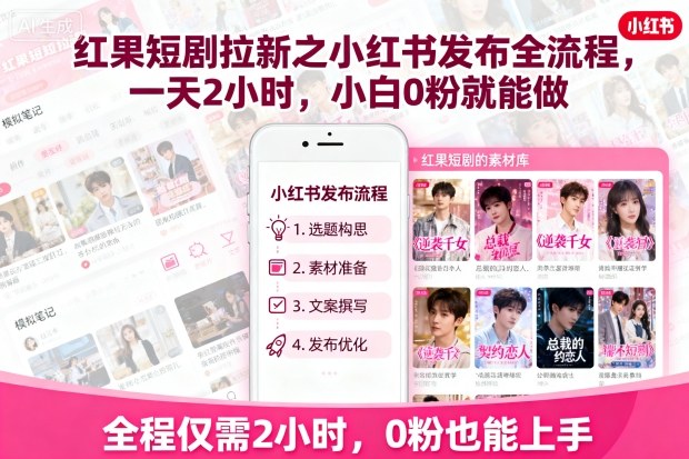 红果短剧拉新之小红书发布全流程，一天2小时，小白0粉就能做-知芽创业社