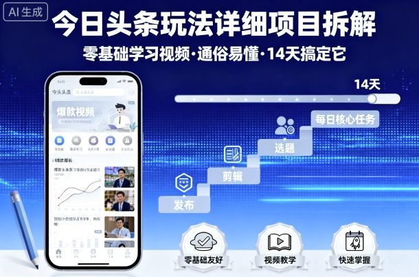 今日头条玩法详细项目拆解，零基础学习视频 通俗易懂 14天搞定它-知芽创业社