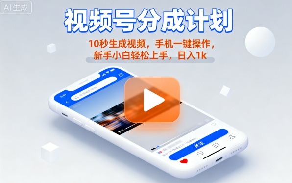 视频号分成计划懒人玩法，10秒生成视频，手机一键操作，新手小白轻松上手，日入1K【揭秘】-知芽创业社