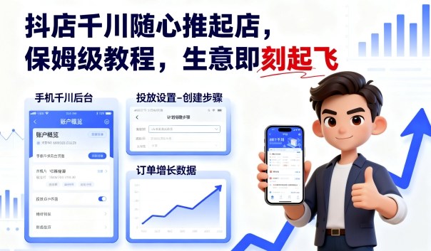 抖店千川随心推起店，保姆级教程，生意即刻起飞-知芽创业社