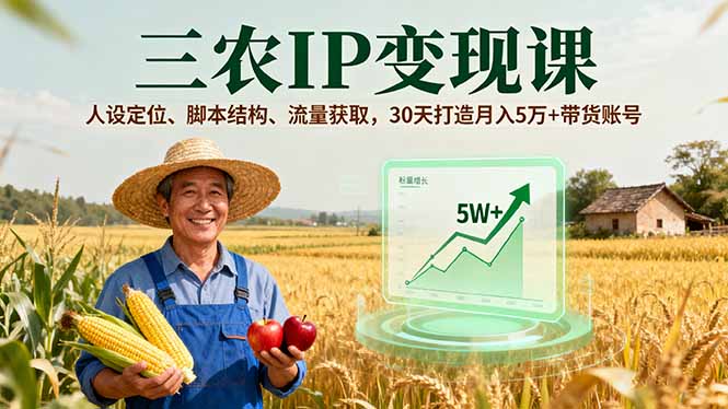 三农IP变现课，人设定位、脚本结构、流量获取，30天打造月入5万+带货账号-知芽创业社
