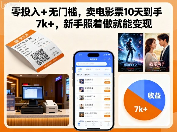 零投入+无门槛，卖电影票10天到手7k+，新手照着做就能变现【揭秘】-知芽创业社