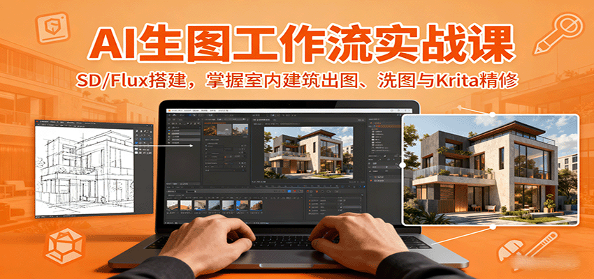 AI生图工作流实战课：SD/Flux搭建，掌握室内建筑出图、洗图与Krita精修-知芽创业社