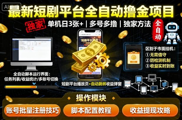 最新短剧平台全自动挂G撸金项目，单机一天3张+，多号多撸，区别于市面所有挂机项目，独家方法【揭秘】-知芽创业社