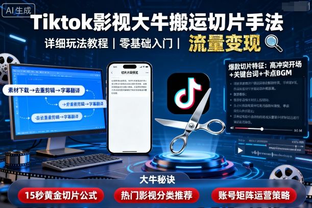 Tiktok影视大牛搬运切片手法，详细玩法教程-知芽创业社