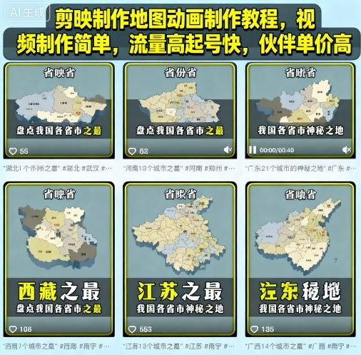 剪映制作地图动画制作教程，视频制作简单，流量高起号快，伙伴单价高-知芽创业社