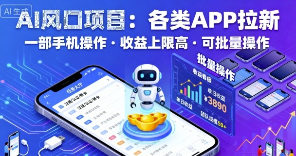 AI风口项目，各类APP拉新，一部手机就可以操作，收益上限高，可批量操作-知芽创业社
