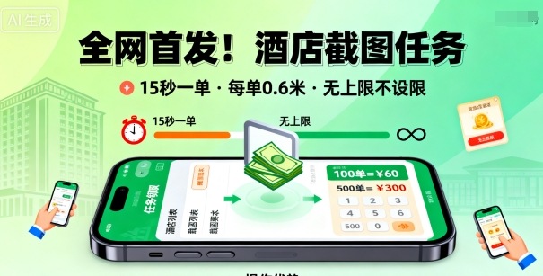 全网首发！酒店截图任务，15秒一单，每单0.6米，任务无上限不设限，矩阵操作单日3张到手【揭秘】-知芽创业社