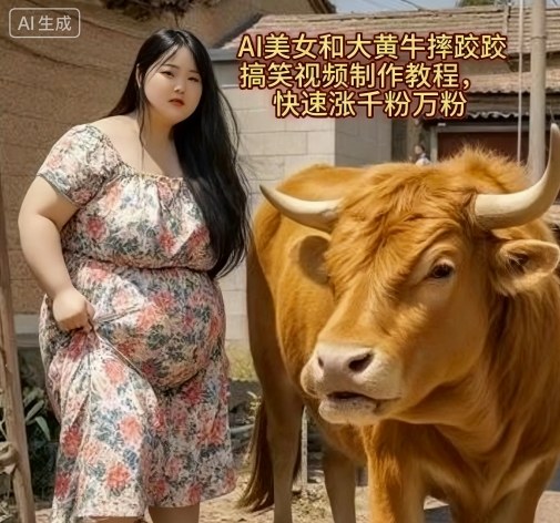 AI美女和大黄牛摔跤搞笑荒诞视频制作教程，快速涨千粉万粉-知芽创业社