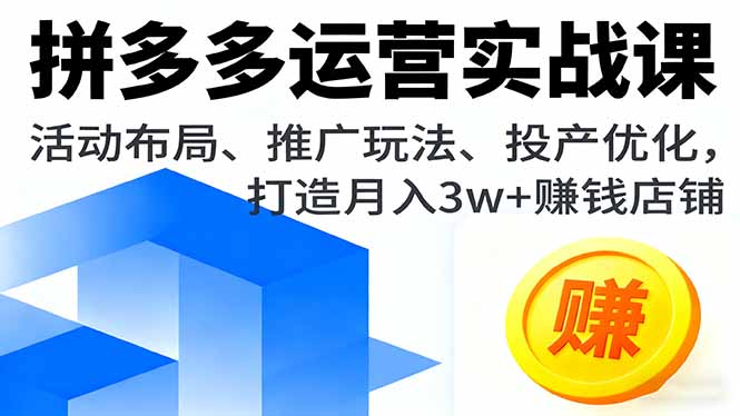 拼多多运营实战课，活动布局、推广玩法、投产优化，打造月入3w+赚钱店铺-知芽创业社