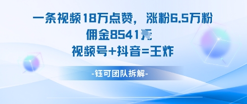一条视频18W点赞，涨粉6.5W粉佣金8541米，视频号+抖音=王炸-知芽创业社
