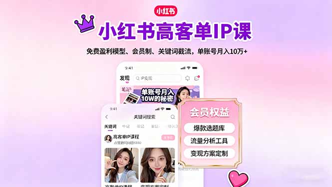 小红书高客单IP课，免费盈利模型、会员制、关键词截流，单账号月入10万+-知芽创业社