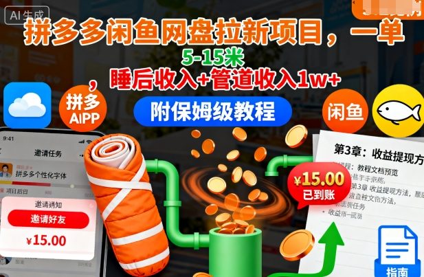 拼多多闲鱼网盘拉新项目，一单5-15米，睡后收入+管道收入1w+(附保姆级教程)-知芽创业社