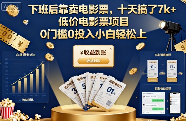 下班后靠卖电影票，十天搞了7k+，低价电影票项目，0门槛0投入小白轻松上手【揭秘】-知芽创业社