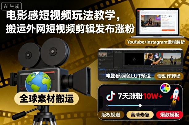 电影感短视频玩法教学，搬运外网短视频剪辑发布涨粉-知芽创业社