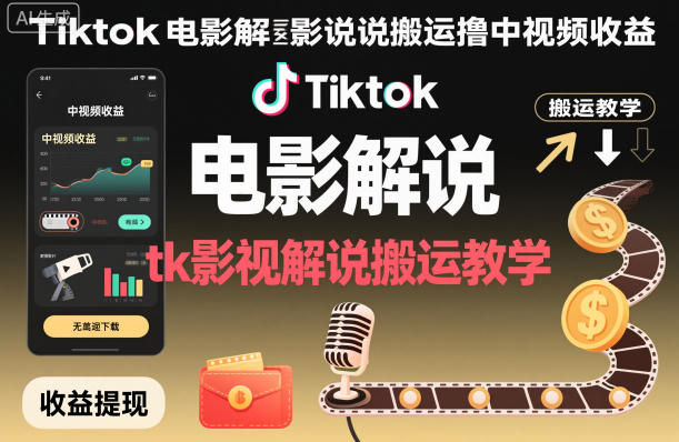 Tiktok电影解说搬运撸中视频收益，tk影视解说搬运教学-知芽创业社
