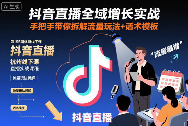 抖音直播全域增长实战第155期杭州线下课，手把手带你拆解流量玩法+话术模板-知芽创业社