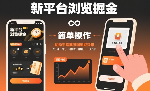 新平台浏览掘金，动动手指截张图就能挣米，2分钟一单，不限时不限量，一天5张【揭秘】-知芽创业社