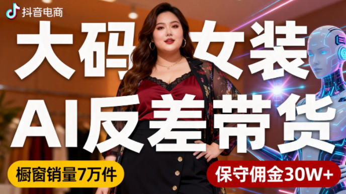 抖音小众赛道，大码女装AI反差带货，不用直播，每天6条作品，橱窗卖7万件，保守佣金30W+-知芽创业社