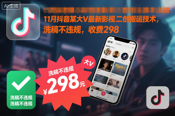 11月抖音某大V最新影视二创搬运技术，洗稿不违规，收费298-知芽创业社