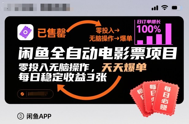 闲鱼全自动电影票项目，零投入无脑操作，天天爆单，每日稳定收益3张【揭秘】-知芽创业社