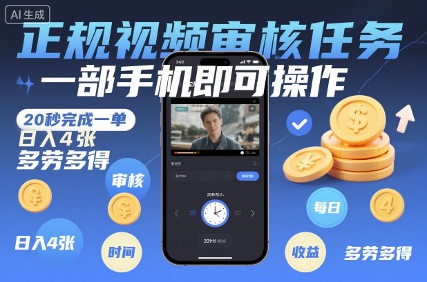 正规视频审核任务，一部手机即可操作，20秒完成一单，日入4张，多劳多得【揭秘】-知芽创业社