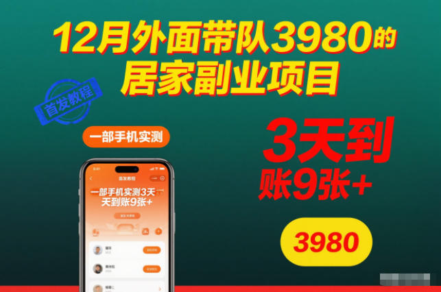 12月外面带队3980的居家副业项目，一部手机实测3天到账9张+，首发教程【揭秘】-知芽创业社