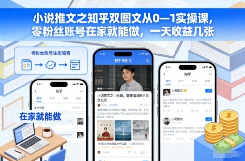 小说推文之知乎双图文从0—1实操课，零粉丝账号在家就能做，一天收益几张-知芽创业社