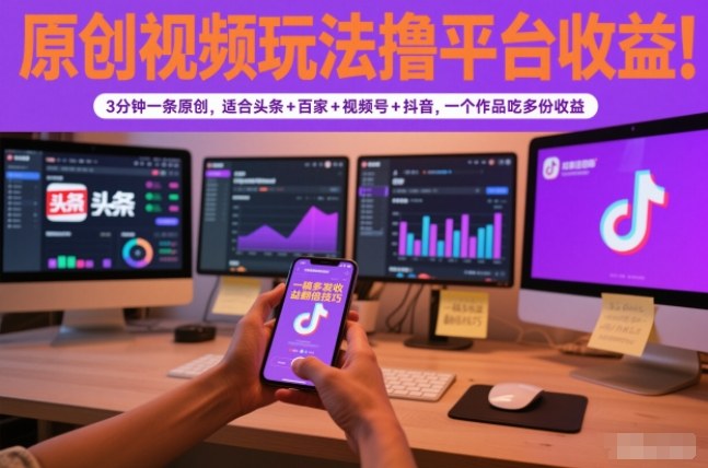 原创视频玩法撸平台收益，3分钟一条原创，适合头条+百家+视频号+抖音，一个作品吃多份收益-知芽创业社