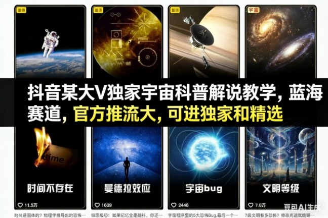 抖音某大V独家宇宙科普解说教学，蓝海赛道，官方推流大，可进独家和精选-知芽创业社