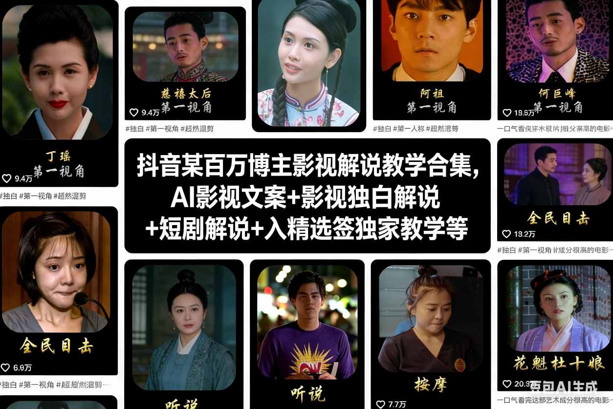 抖音某百万博主影视解说教学合集，AI影视文案+影视独白解说+短剧解说+入精选签独家教学等-知芽创业社