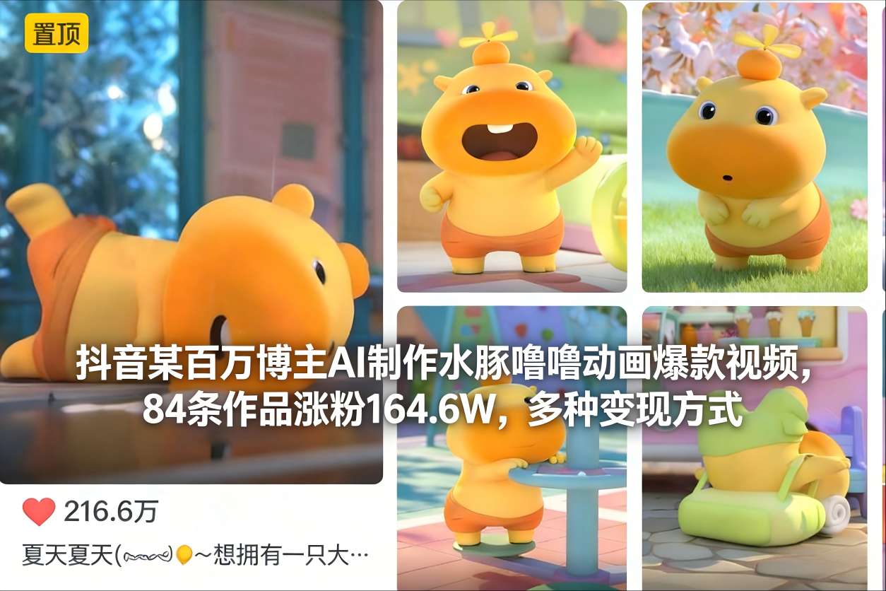抖音某百万博主AI制作水豚噜噜动画爆款视频，84条作品涨粉164.6W，多种变现方式-知芽创业社