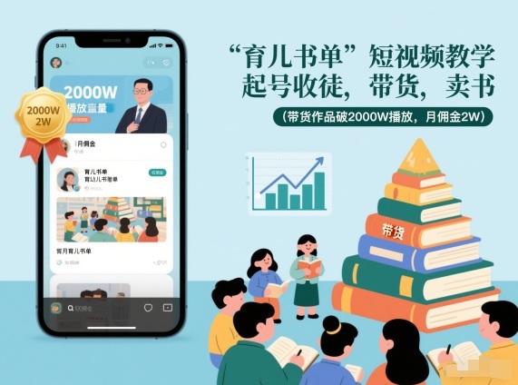 育儿书单短视频教学，起号收徒，带货，卖书(带货作品破2000W播放，月佣金2W)-知芽创业社