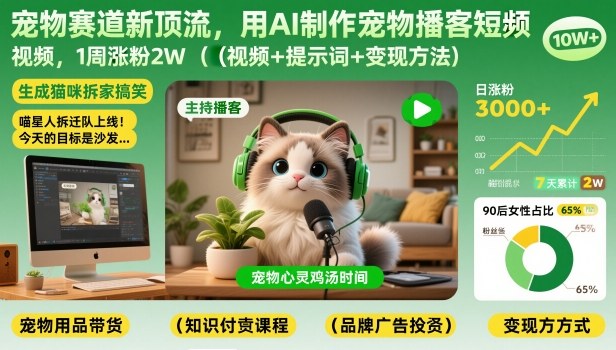 宠物赛道新顶流，用AI制作宠物播客短视频，1周涨粉2W(视频+提示词+变现方法)-知芽创业社