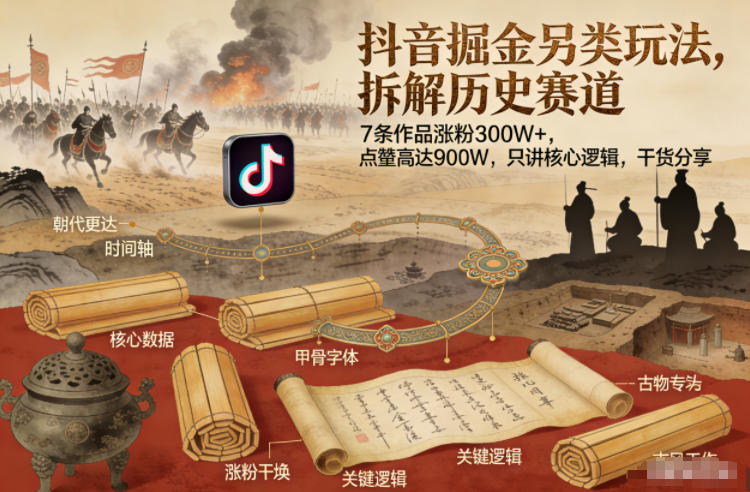 抖音掘金另类玩法，拆解历史赛道，7条作品涨粉300W+，点赞量高达900W，只讲核心逻辑，干货分享-知芽创业社