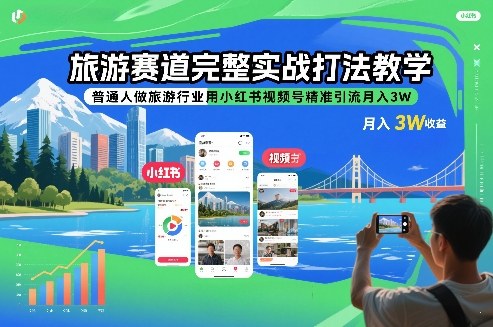 旅游赛道完整实战打法教学，普通人做旅游行业用小红书视频号精准引流月入3W-知芽创业社