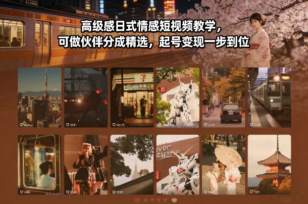 高级感日式情感短视频教学，可做伙伴分成精选，起号变现一步到位-知芽创业社