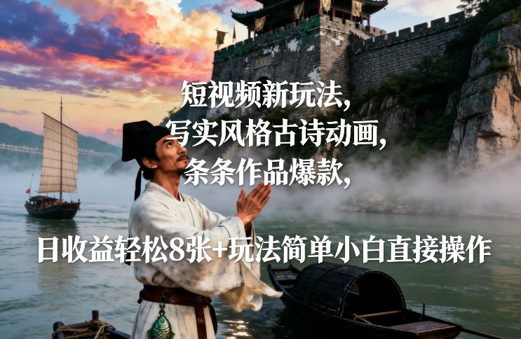 短视频新玩法，写实风格古诗动画，条条作品爆款，日收益轻松8张+玩法简单小白直接操作-知芽创业社