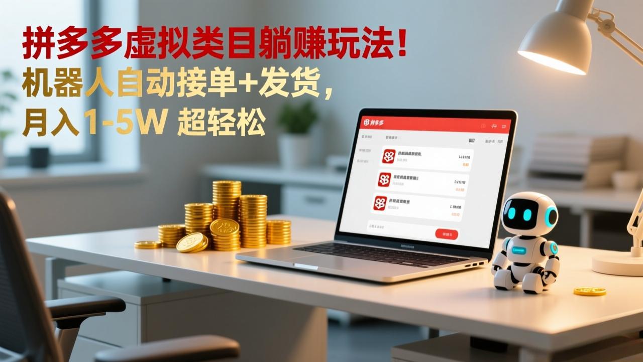 多多虚拟类目躺赚玩法！机器人自动接单+发货，月入 1-5W 超轻松-知芽创业社