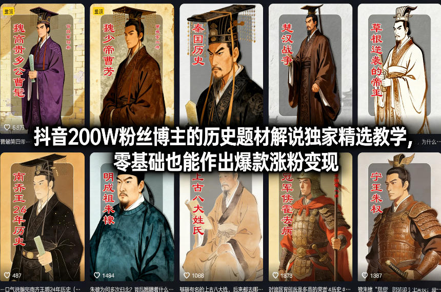 抖音200W粉丝博主的历史题材解说独家精选教学，零基础也能作出爆款涨粉变现-知芽创业社