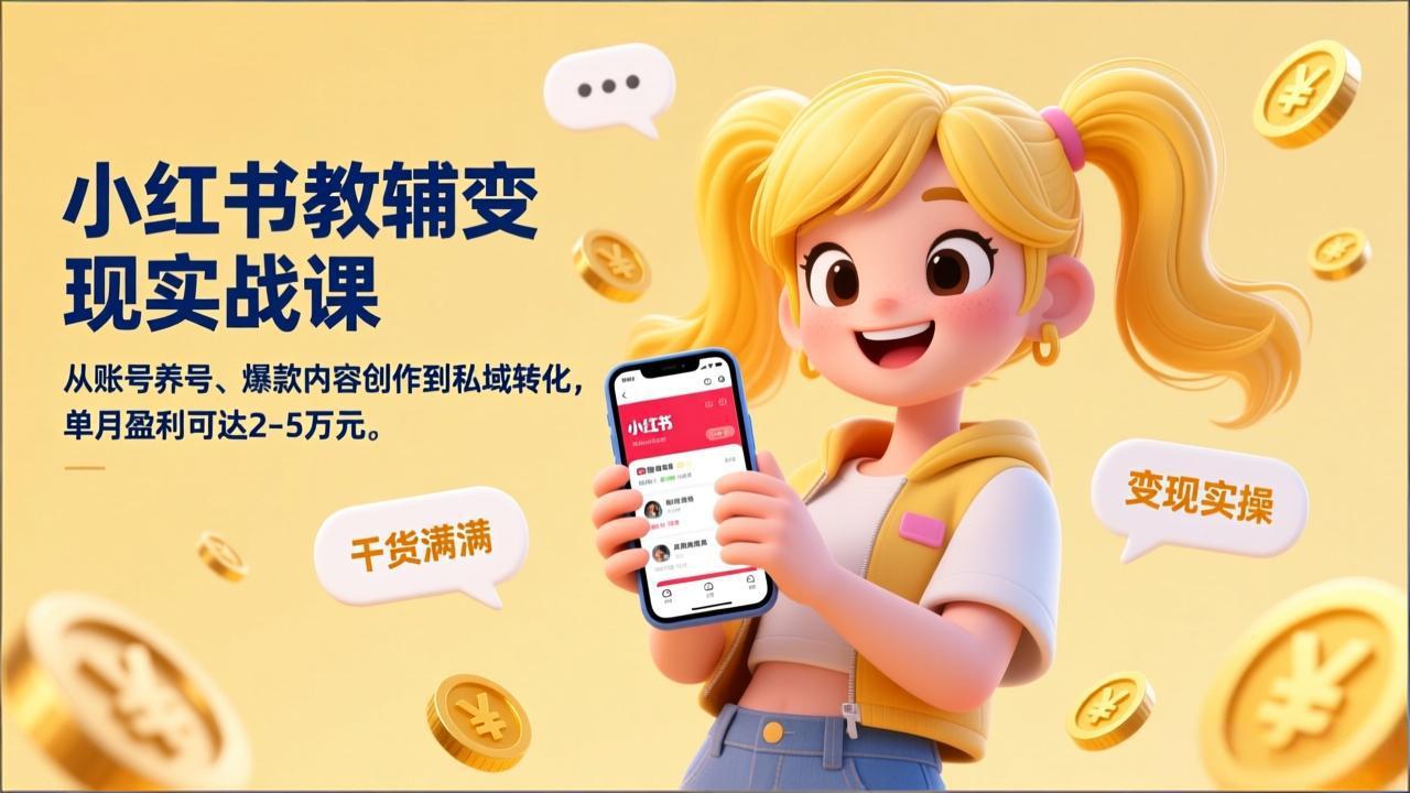 小红书教辅变现实战课，从账号养号、爆款内容创作到私域转化，单月盈利可达2-5万元-知芽创业社