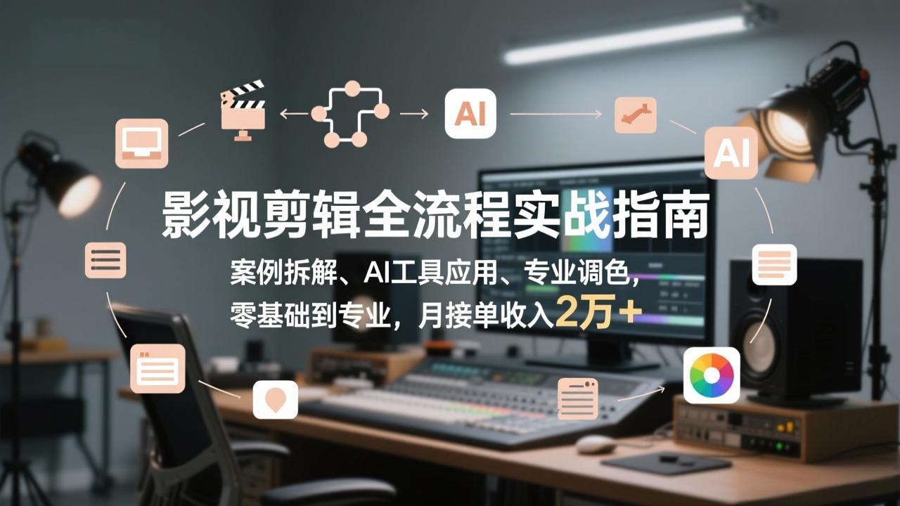 影视剪辑全流程实战指南，案例拆解、AI工具应用、专业调色，零基础到专业，月接单收入2万+-知芽创业社