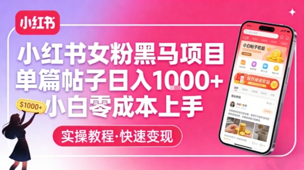 小红书女粉黑马项目，单篇帖子日入1k+，小白零成本上手-知芽创业社