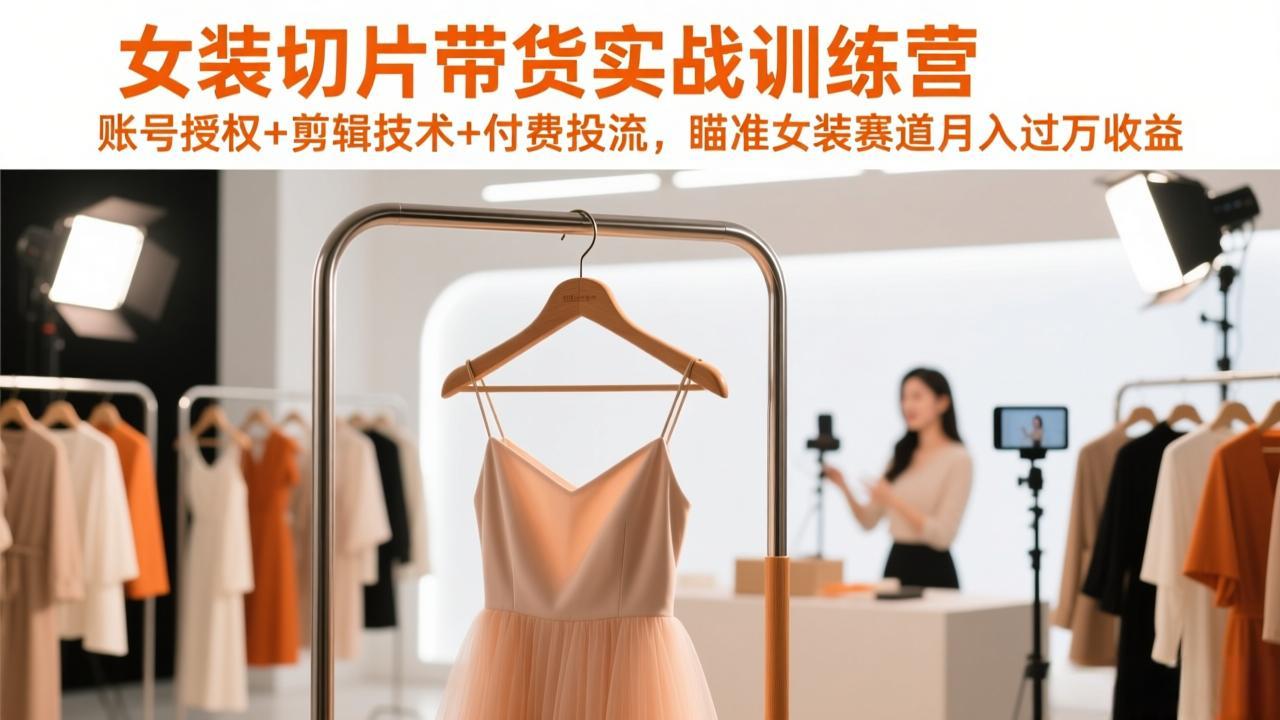 女装切片带货实战训练营，账号授权+剪辑技术+付费投流，瞄准女装赛道月入过万收益-知芽创业社
