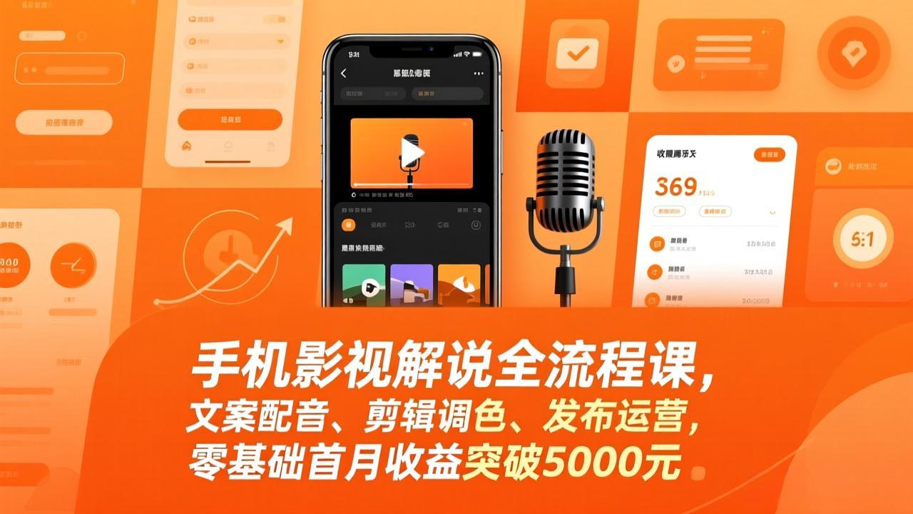 手机影视解说全流程课，文案配音、剪辑调色、发布运营，零基础首月收益突破5000元-知芽创业社